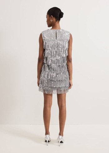 Phase Eight Lula Fringe Sequin Dress Silver Canada | QRJINM-926